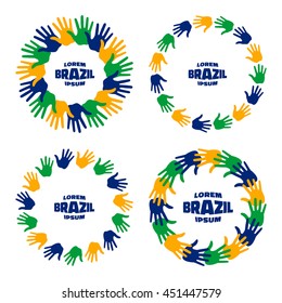 Set of colorful hand print icons using Brazil flag colors 2016. Vector illustration.