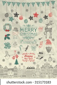 Set of Colorful Hand Sketched Christmas Doodle Icons, Shapes, Symbols on Crumpled Paper Texture. Xmas Vector Illustration. Text Lettering. Decorative Party Design Elements, Cartoons, Seamless Houses.