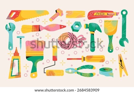 Set of colorful hand tools saw, wrench, screwdriver, hammer, pliers, cutter, tape, paintbrush, roller, glue and rope. Construction and repair tool. Flat vector illustration Household equipment concept