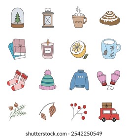 A set of colorful hand-draw icons related to winter. Colorful collection of icons on white background. A set of Christmas contour icons. Holiday symbol. Vector illustration