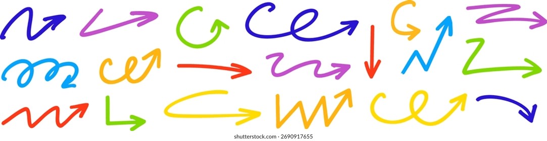 Set of colorful hand-drawn arrows in various shapes and directions on a transparent background. Vector doodle elements for notes, highlights, and creative design projects
