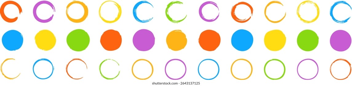 Set of colorful hand-drawn circle shapes and brush strokes in various styles. Includes solid, outline, and enso-inspired circular designs. Ideal for highlights or accents. Vector EPS 10