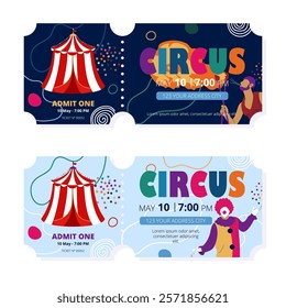 A set of colorful hand-drawn circus or carnival tickets.