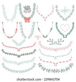 Set of Colorful Hand-Drawn Doodle Floral Decorative Brackets, Wreaths, Laurels. Design Elements. Vector Illustration.