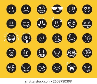 A set of colorful hand-drawn doodle-style smiley faces. Vector illustration