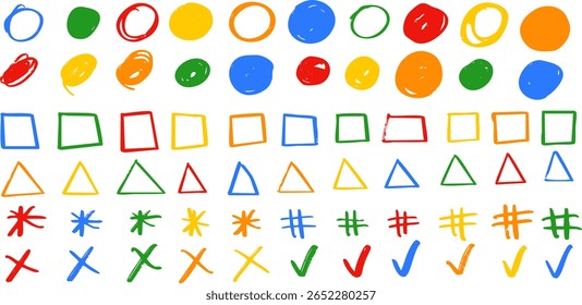 Conjunto de formas geométricas, símbolos e ícones coloridos desenhados à mão, incluindo círculos, quadrados, triângulos, asteriscos, hashtags, cruzes e marcas de seleção em fundo transparente. Vetor EPS 10