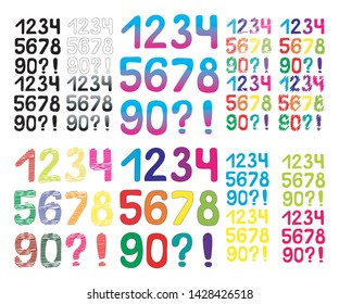 Set of colorful hand-drawn numbers from zero to nine. Vector illustration.