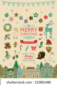 Set of Colorful Hand-drawn Outlined Christmas Doodle Icons. Xmas Vector Illustration. Text Lettering. Party Elements, Cartoons