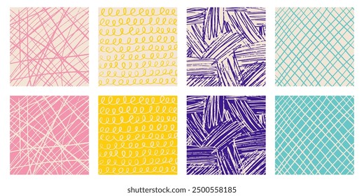 A set of colorful hand-drawn patterns with different pencil textures. Vector scribbles, crosshatch, stripes, organic shapes, bright pastel colors.