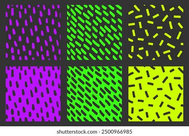 A set of colorful hand-drawn patterns with different pencil textures. Vector scribbles, stripes, organic shapes, acid neon colors.