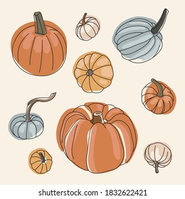 Set of colorful hand-drawn pumpkins. October vibes and colors, aesthetic theme. Flat style for your design, package, poster, decor. All elements are isolated. Blue, orange, yellow, white pumpkins