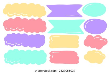 Set of colorful hand-drawn speech bubbles, banners, and cloud shapes in pastel colors, ideal for text decorations, labels, or design elements.
