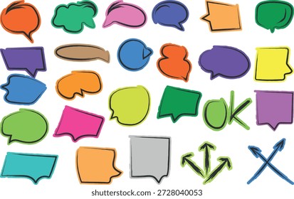 Set of colorful hand-drawn speech bubbles message icon and comic elements isolated on white background