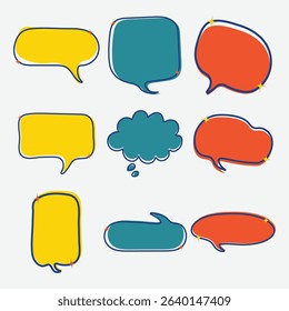 Set of colorful hand-drawn speech and thought bubbles in doodle style. Collection of cartoon chat elements for comic, message, dialogue, communication, sticker, and creative design use
