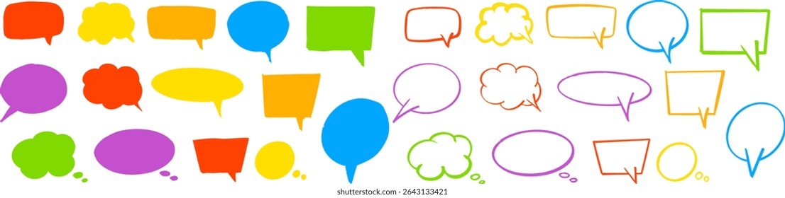 Set of colorful hand-drawn speech and thought bubbles in filled and outline styles. Perfect for comics, social media, messaging, and playful design projects. Vector EPS 10