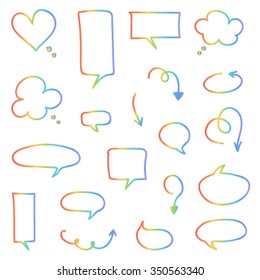 Set of colorful hand-drawn vector arrows and speech bubbles.