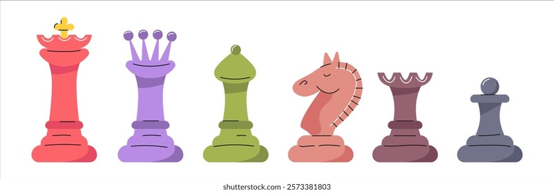 Set of colorful hand-drawn vector chess pieces. A logic and strategy game. Cartoon flat vector illustration isolated on a white background.