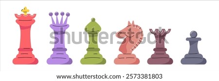 Set of colorful hand-drawn vector chess pieces. A logic and strategy game. Cartoon flat vector illustration isolated on a white background.