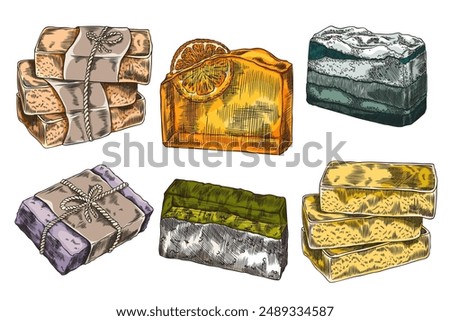 Set of colorful handmade soaps isolated on white background. Natural organic homemade. Hygienic product. Collection of fragrant bath soaps. Hand drawn vector illustration.