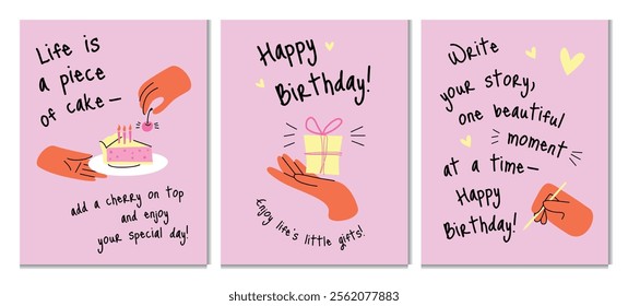 Set of Colorful Hands with Birthday Objects and Gestures. Includes Cake, Gift, Writing Pen, Light Bulb. Actions, Giving, Holding, Writing. Greeting Card, Invitation, Poster. Flat Vector Illustration