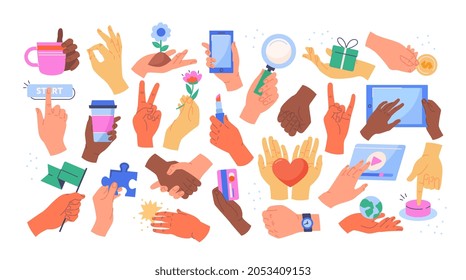 Set of colorful hands. Collection of stickers with male and female hands holding various objects. Characters with puzzle, heart and smartphone. Cartoon flat vector icons isolated on white background