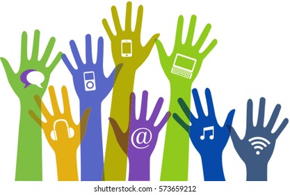 Set of colorful hands with communication icons.Vector