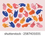 Set of colorful hands with different gestures and signs. Hand-drawn vector illustrations, hands showing love and friendship, different positions of hands and fingers. Collection of hands in doodle.