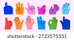Set of colorful hands with different gestures and sign vector illustration. Community, communication, friendship symbol elements.