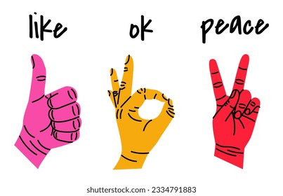 Set of colorful hands with different gestures and lettering. Hands show like, ok, peace. Hand drawn vector illustration isolated on white background. Modern trendy flat cartoon style.