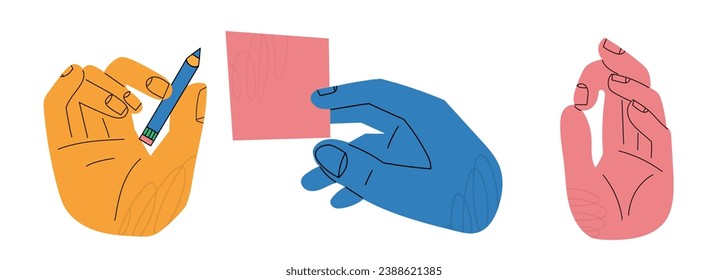 Set of Colorful Hands in different gestures. Hand with pen, hand with paper, Okay fingers. Hand drawn vector illustration isolated on white background. EPS 10