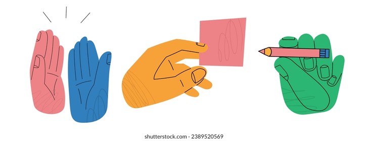 Set of Colorful Hands in different gestures. Hand with pen, Hand with paper, Symbols of success deal, happy partnership, greeting shake, handshake of agreement. Hand drawn vector illustration.