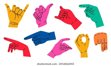 Set of colorful hands with different gestures. Modern trendy flat cartoon style. Hand drawn vector illustration. Hands show different signs and symbols. Body language for communication