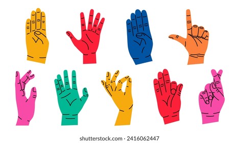 Set of colorful hands with different gestures. Modern trendy flat cartoon style. Hand drawn vector illustration. Hands show different signs and symbols. Body language for communication