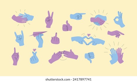 Set of colorful hands with different gestures. Like, love, ok, dude, handshake, thumbs up etc. hand drawn vector illustration. All elements are isolated.