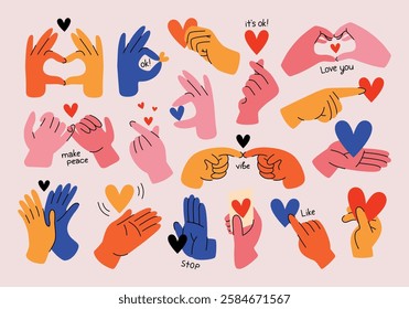 Set of colorful hands with different gestures and signs. Vector illustrations, hands showing love and friendship, different hand positions, heart. Thematic collection in doodle for Valentine's Day.