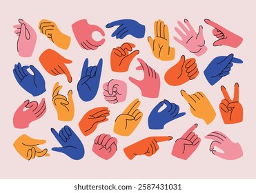 Set of colorful hands with different gestures and signs. Hand-drawn vector illustrations, hands showing love and friendship, different positions of hands and fingers. Collection of hands in doodle.