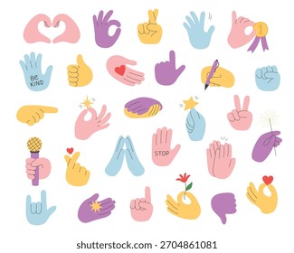 Set of colorful hands with different gestures. Hands holding pen, star, flower, microphone. Doodle style. Isolated vector illustration