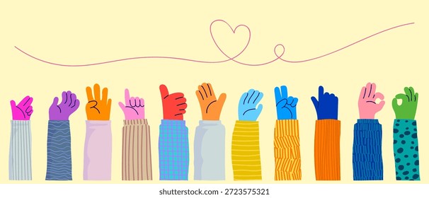 Set of colorful hands with different gestures and sign vector illustration. Community, communication, friendship symbol elements.