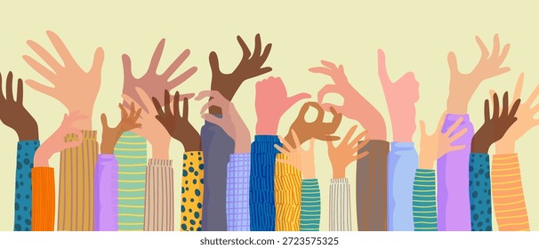 Conjunto de manos coloridas con diferentes gestos y Ilustración vectorial de signos. Comunidad, comunicación, Elementos simbólicos de amistad.