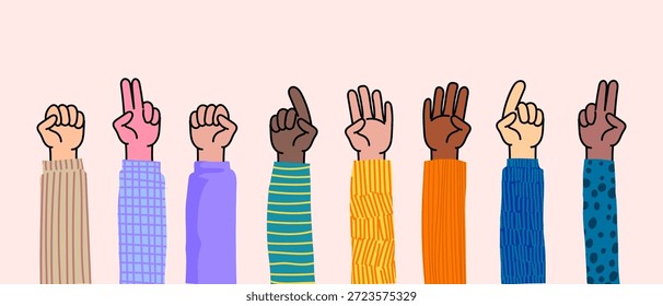 Conjunto de mãos coloridas com diferentes gestos e ilustração de vetor de sinal. Comunidade, comunicação, elementos de símbolo de amizade.