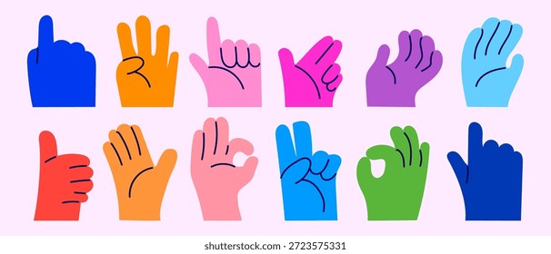 Conjunto de mãos coloridas com diferentes gestos e ilustração de vetor de sinal. Comunidade, comunicação, elementos de símbolo de amizade.