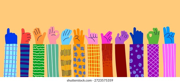 Conjunto de mãos coloridas com diferentes gestos e ilustração de vetor de sinal. Comunidade, comunicação, elementos de símbolo de amizade.