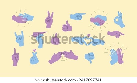 Set of colorful hands with different gestures. Like, love, ok, dude, handshake, thumbs up etc. hand drawn vector illustration. All elements are isolated.