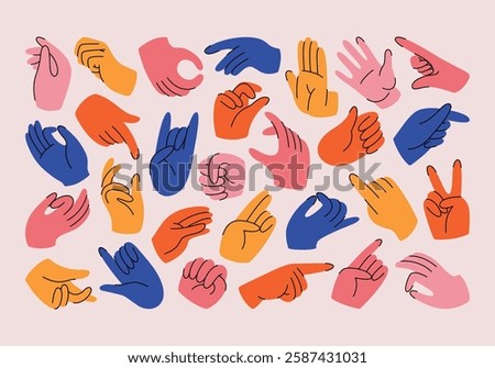 Set of colorful hands with different gestures and signs. Hand-drawn vector illustrations, hands showing love and friendship, different positions of hands and fingers. Collection of hands in doodle.