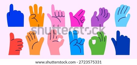 Set of colorful hands with different gestures and sign vector illustration. Community, communication, friendship symbol elements.