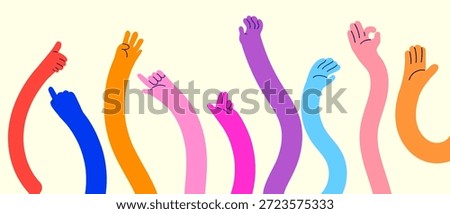 Set of colorful hands with different gestures and sign vector illustration. Community, communication, friendship symbol elements.