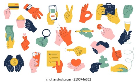 Set of colorful hands with a different stuff, clock, phone, credit card, coin, camera, wine glass, heart and various gestures. Vector illustration isolated on white background. Flat cartoon style.