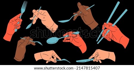 Image, Stock Photo Hand with cutlery and a bowl of green salad. Top view.