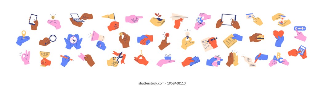 Набор разноцветных рук, держащих различные предметы, деловые бумаги, деньги, устройства, кредитные карты, пальцы, указывающие на экраны, и жесты. Цветная плоская графическая векторная иллюстрация, изолированная на белом