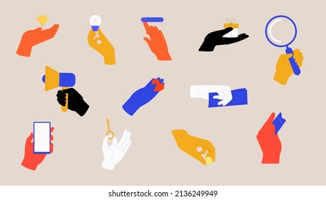 Set of colorful hands holding different objects: money, device, heart, bulb, ticket, coin, megaphone, present, key. Colored flat graphic vector illustration.